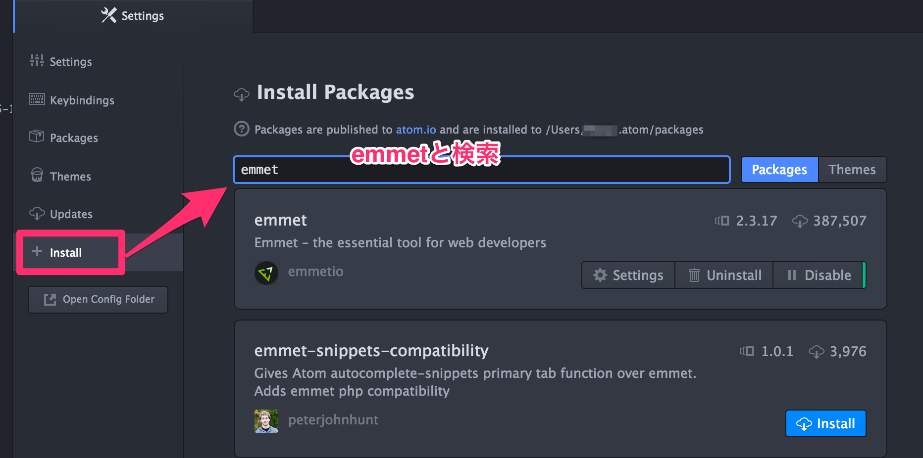 ｢install｣からEmmetを検索してインストールしよう
